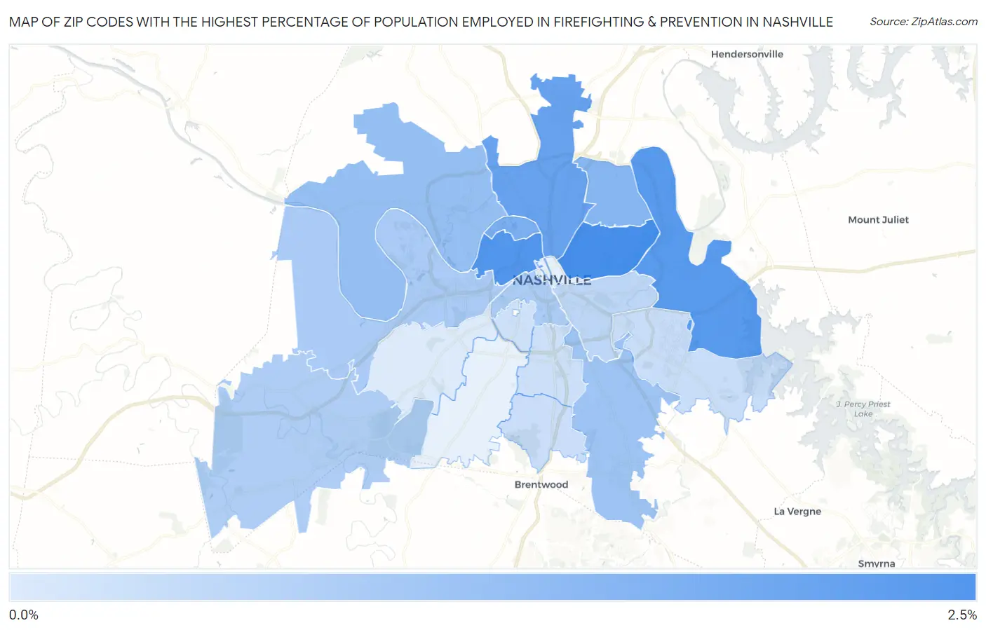 Zip Codes with the Highest Percentage of Population Employed in Firefighting & Prevention in Nashville Map