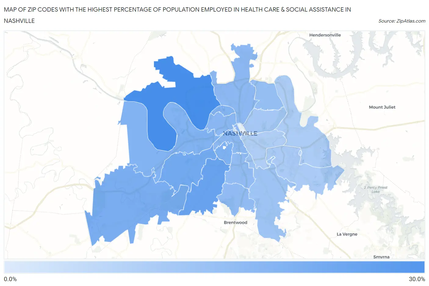 Zip Codes with the Highest Percentage of Population Employed in Health Care & Social Assistance in Nashville Map