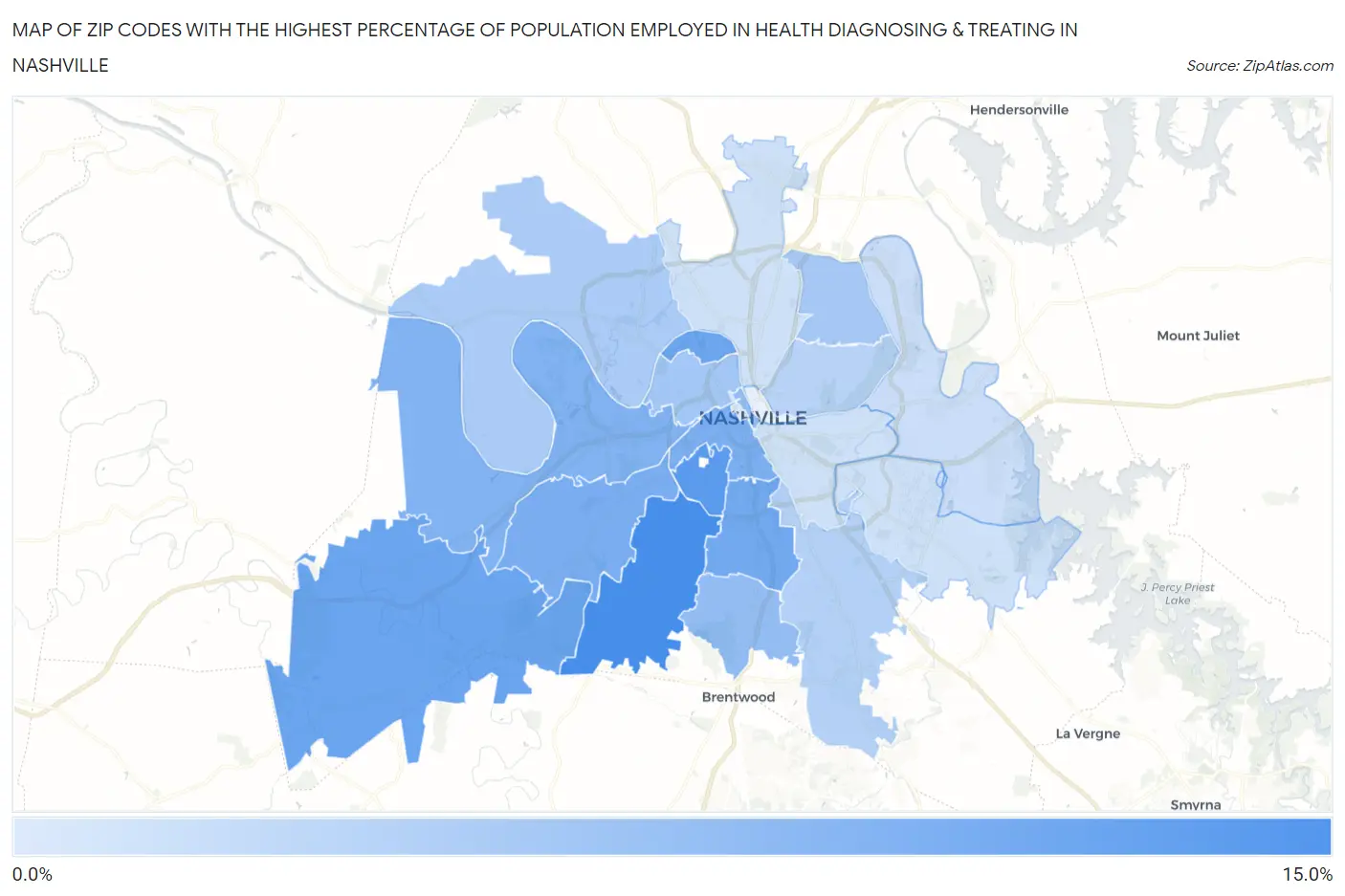 Zip Codes with the Highest Percentage of Population Employed in Health Diagnosing & Treating in Nashville Map