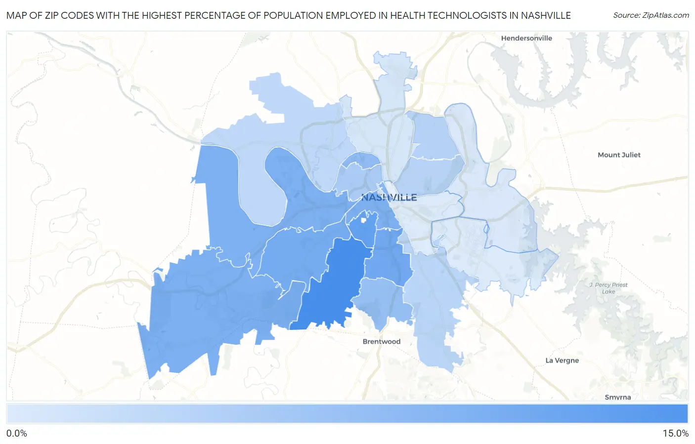 Zip Codes with the Highest Percentage of Population Employed in Health Technologists in Nashville Map