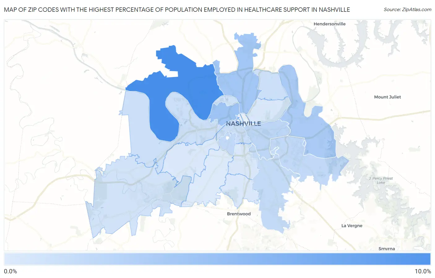 Zip Codes with the Highest Percentage of Population Employed in Healthcare Support in Nashville Map