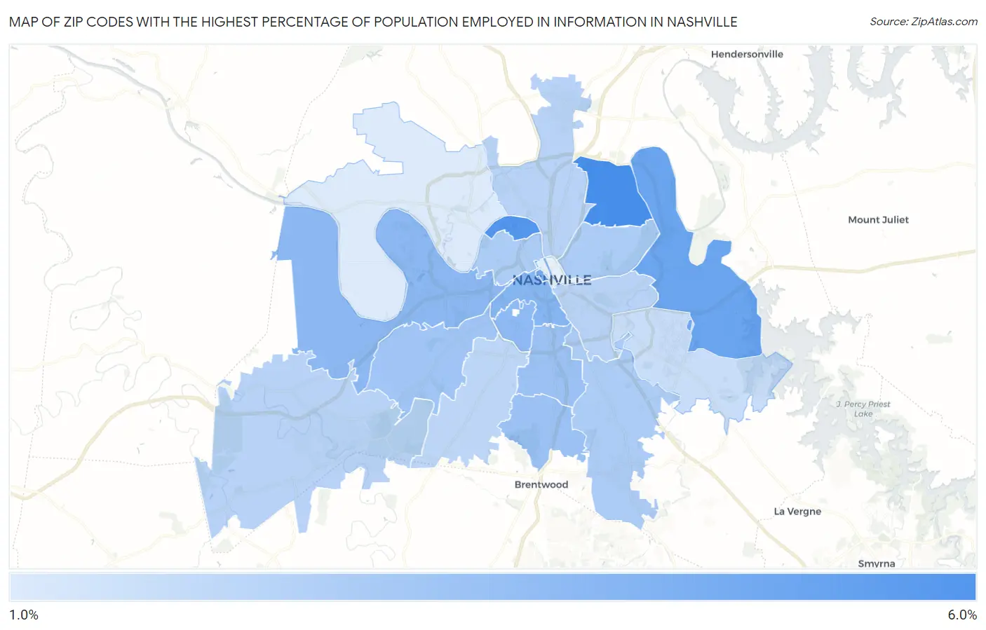 Zip Codes with the Highest Percentage of Population Employed in Information in Nashville Map