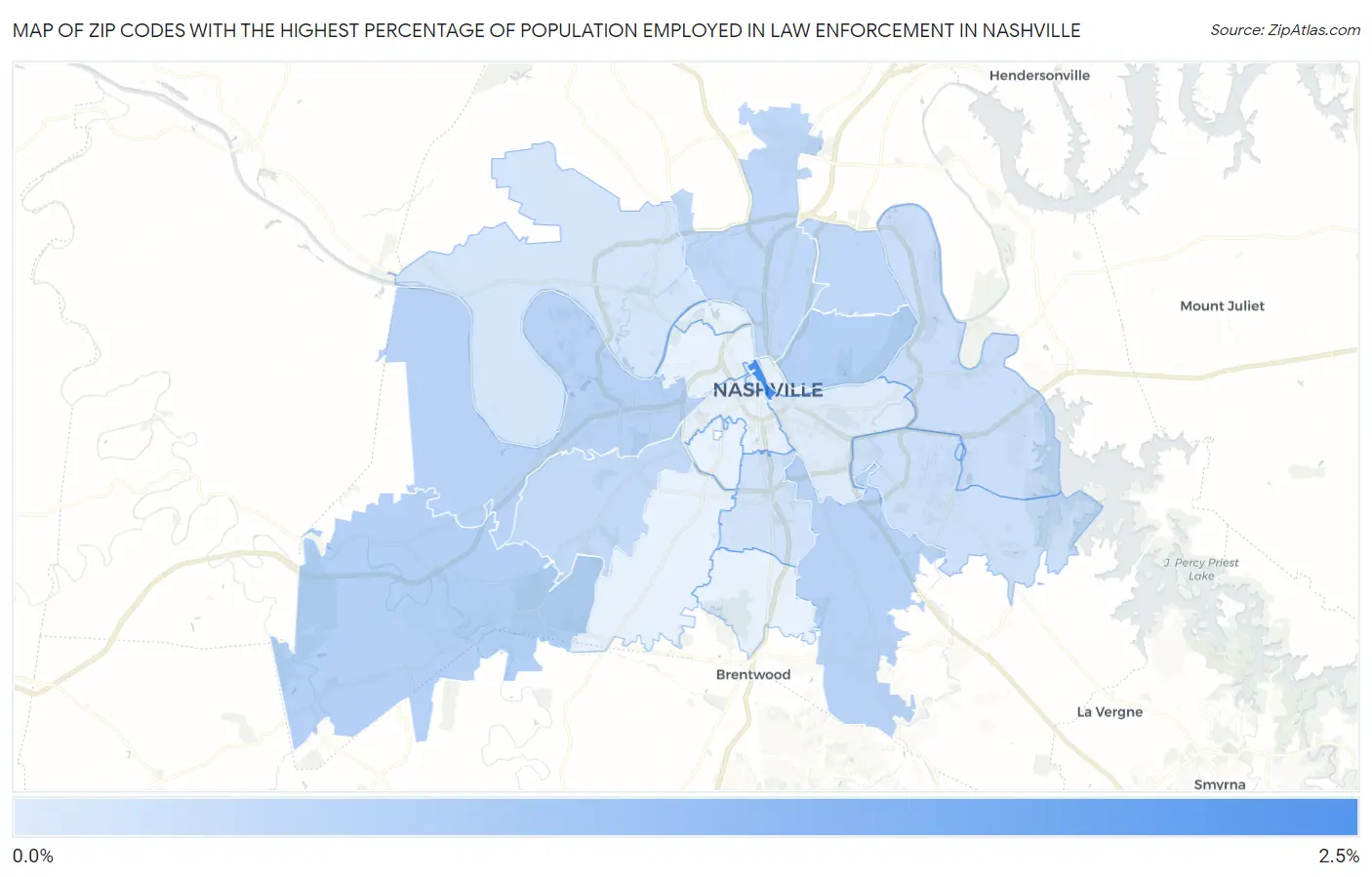 Zip Codes with the Highest Percentage of Population Employed in Law Enforcement in Nashville Map