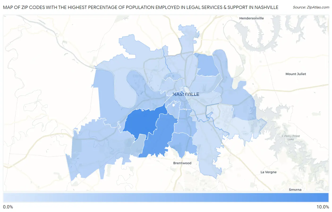 Zip Codes with the Highest Percentage of Population Employed in Legal Services & Support in Nashville Map