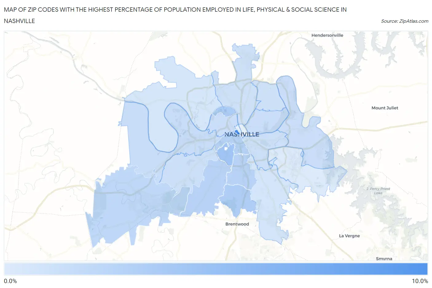 Zip Codes with the Highest Percentage of Population Employed in Life, Physical & Social Science in Nashville Map
