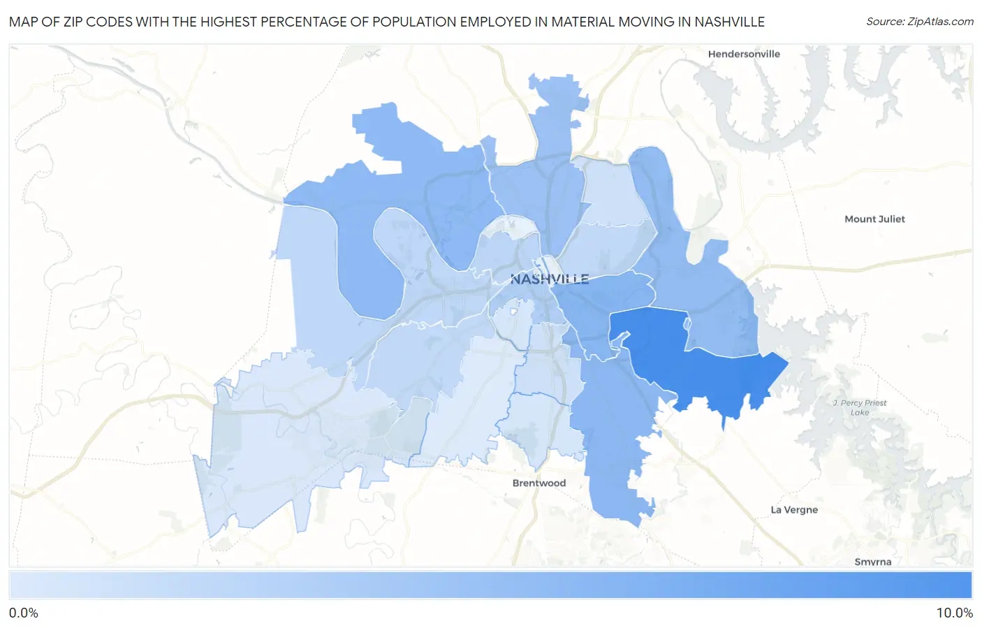 Zip Codes with the Highest Percentage of Population Employed in Material Moving in Nashville Map