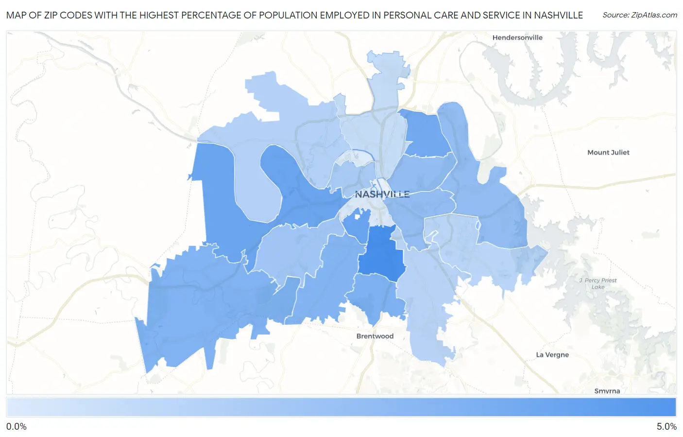 Zip Codes with the Highest Percentage of Population Employed in Personal Care and Service in Nashville Map