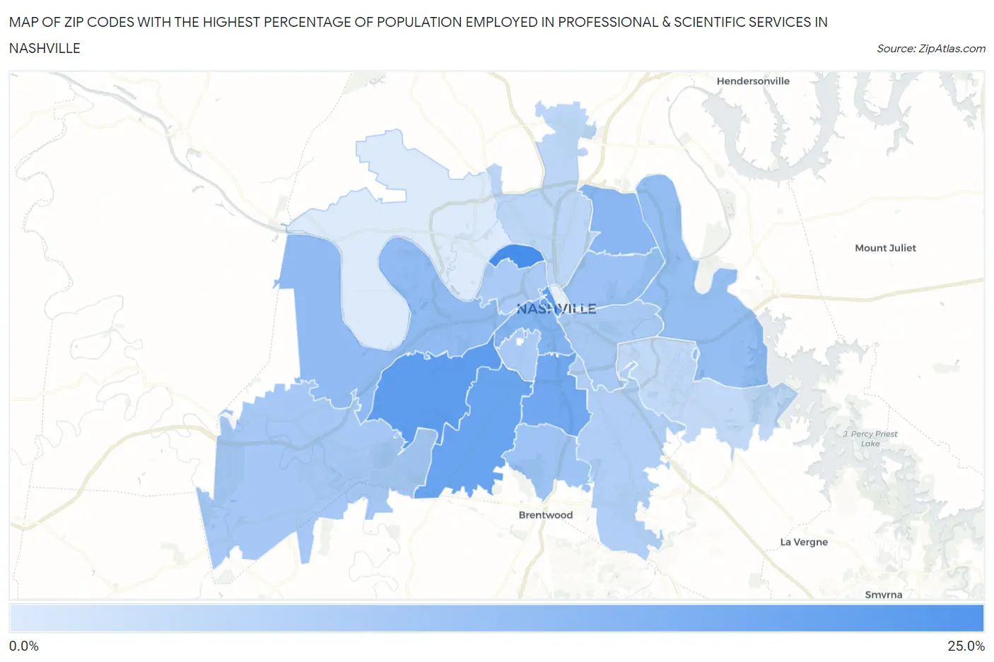 Zip Codes with the Highest Percentage of Population Employed in Professional & Scientific Services in Nashville Map