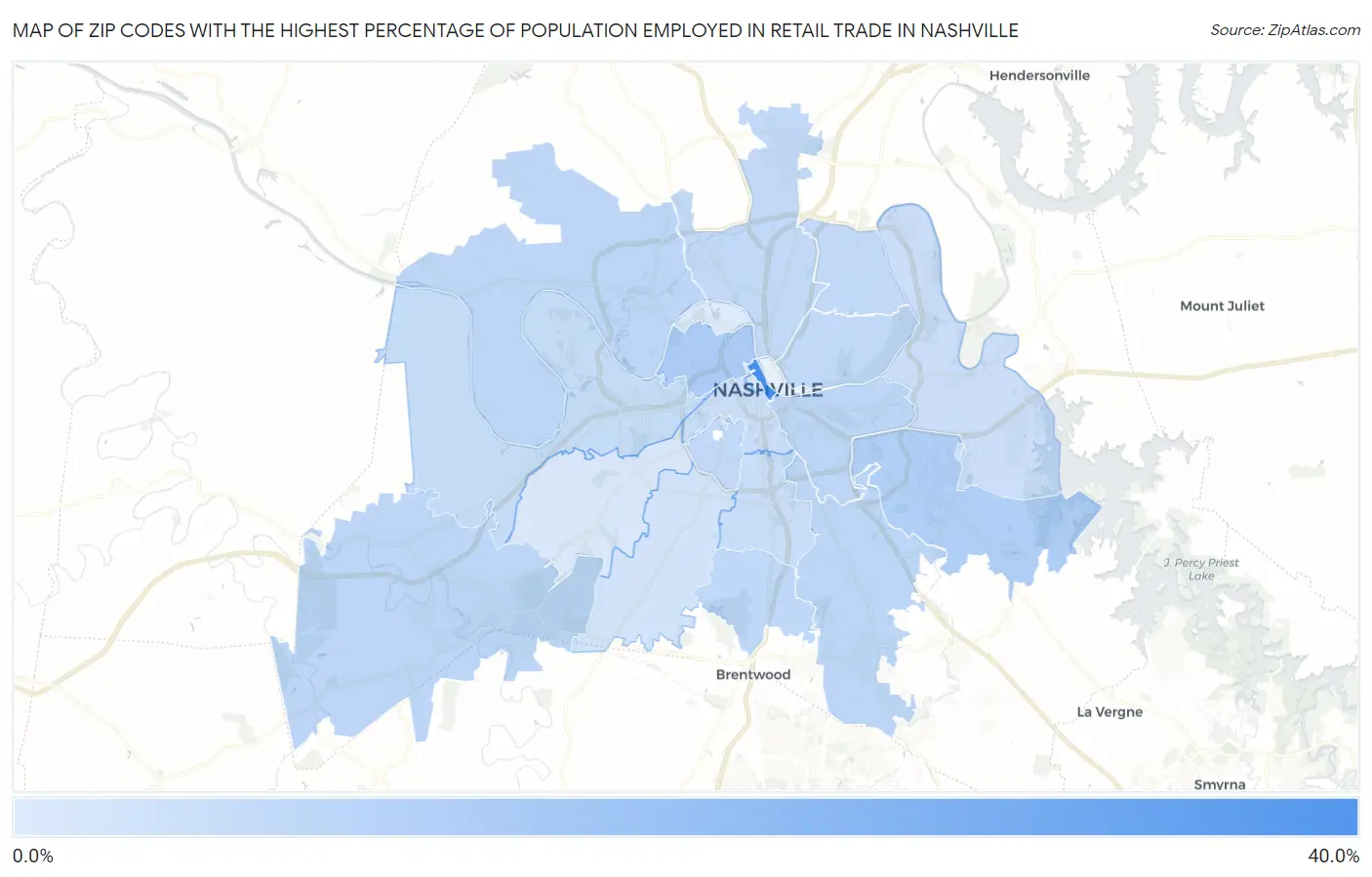 Zip Codes with the Highest Percentage of Population Employed in Retail Trade in Nashville Map