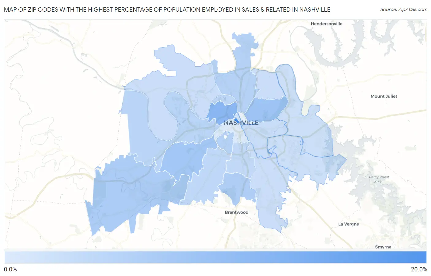 Zip Codes with the Highest Percentage of Population Employed in Sales & Related in Nashville Map