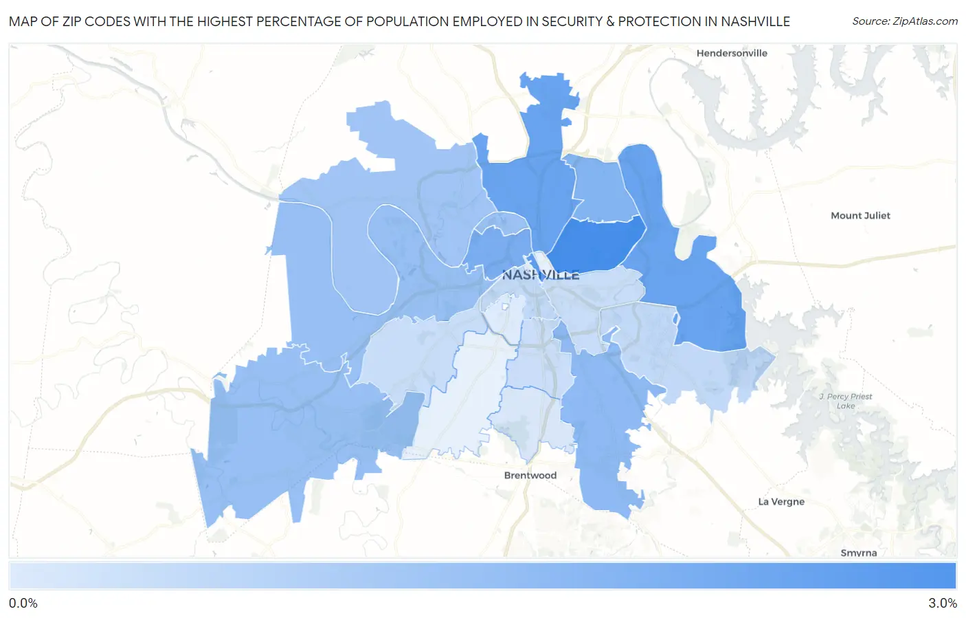 Zip Codes with the Highest Percentage of Population Employed in Security & Protection in Nashville Map