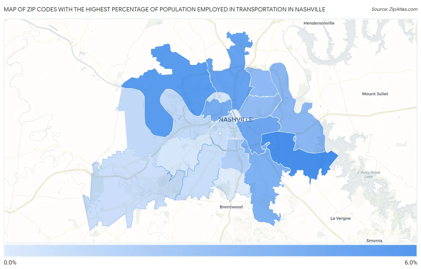 Zip Codes with the Highest Percentage of Population Employed in Transportation in Nashville Map