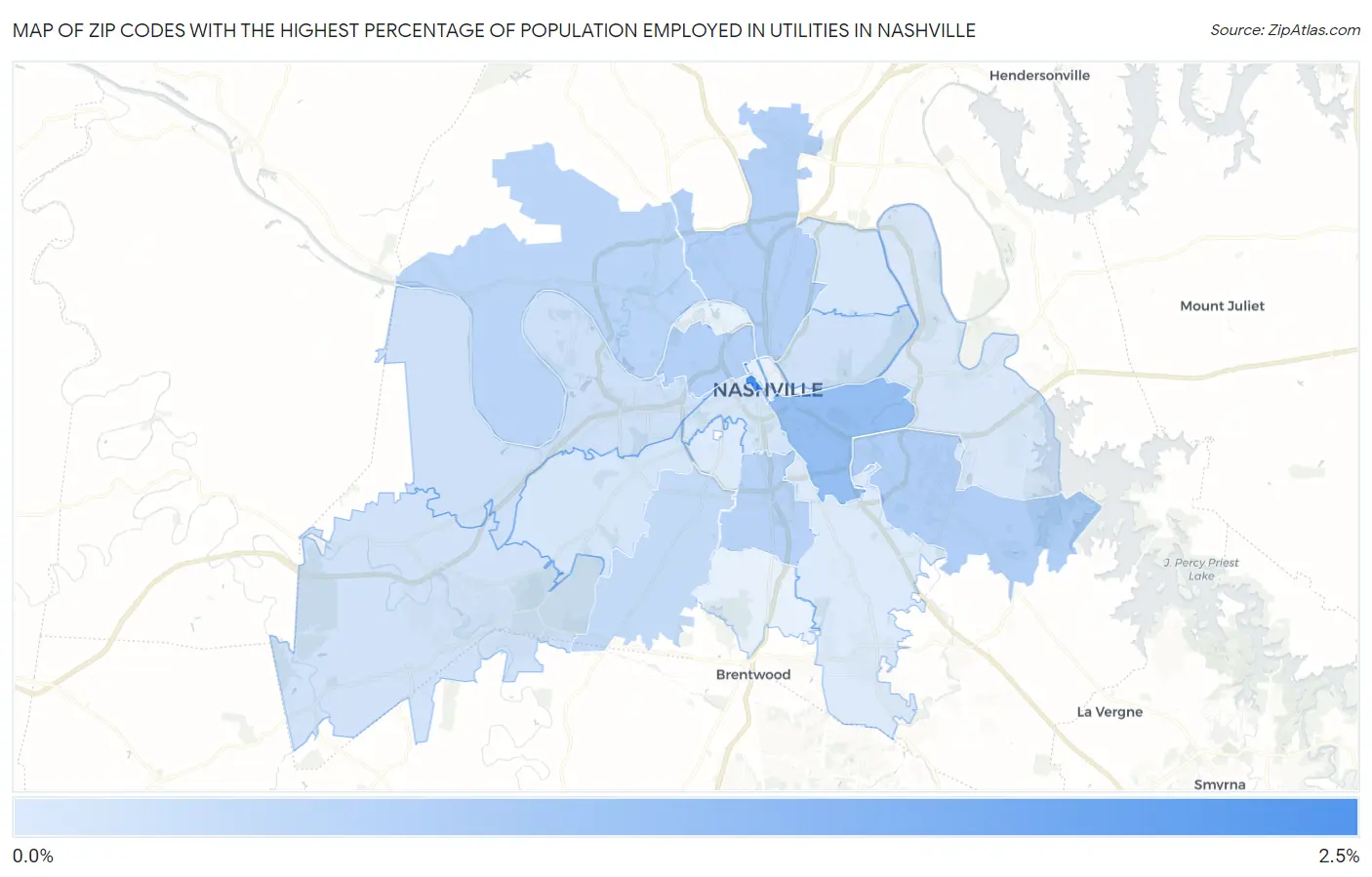 Zip Codes with the Highest Percentage of Population Employed in Utilities in Nashville Map