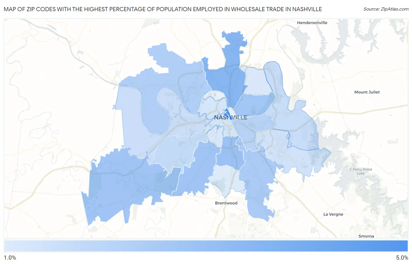 Zip Codes with the Highest Percentage of Population Employed in Wholesale Trade in Nashville Map