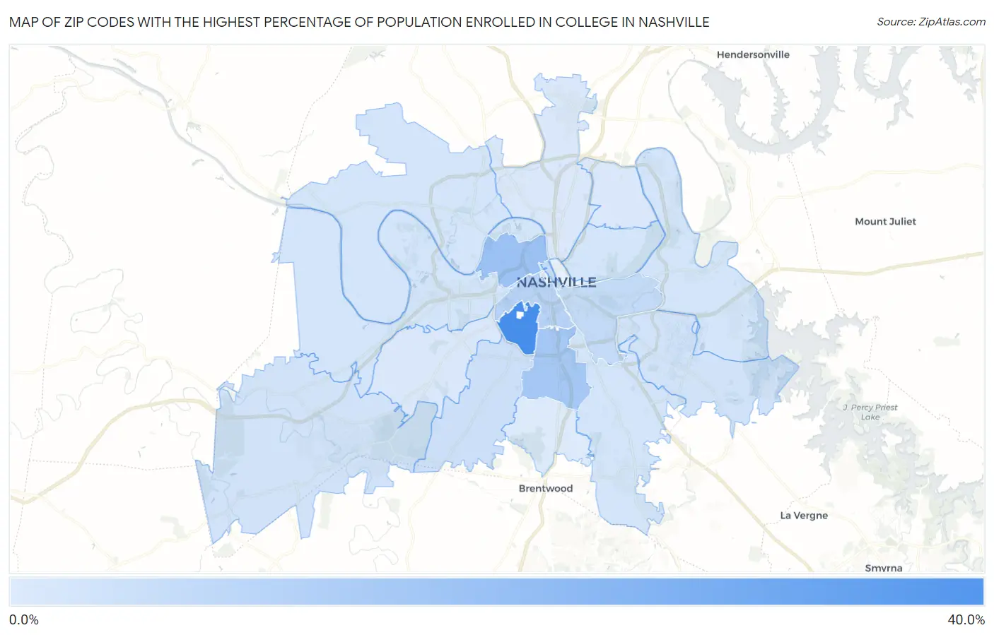 Zip Codes with the Highest Percentage of Population Enrolled in College in Nashville Map