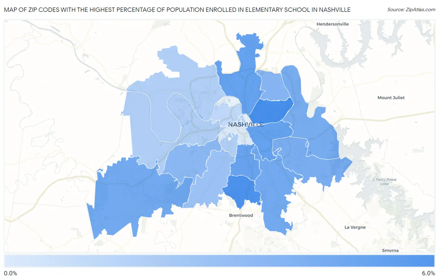 Zip Codes with the Highest Percentage of Population Enrolled in Elementary School in Nashville Map