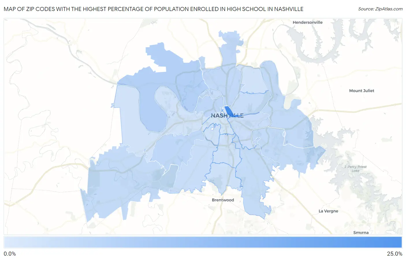 Zip Codes with the Highest Percentage of Population Enrolled in High School in Nashville Map