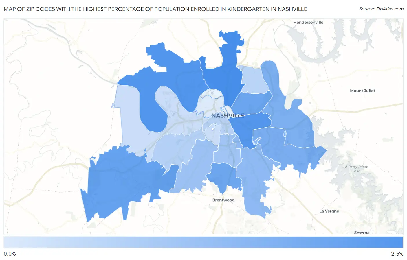 Zip Codes with the Highest Percentage of Population Enrolled in Kindergarten in Nashville Map