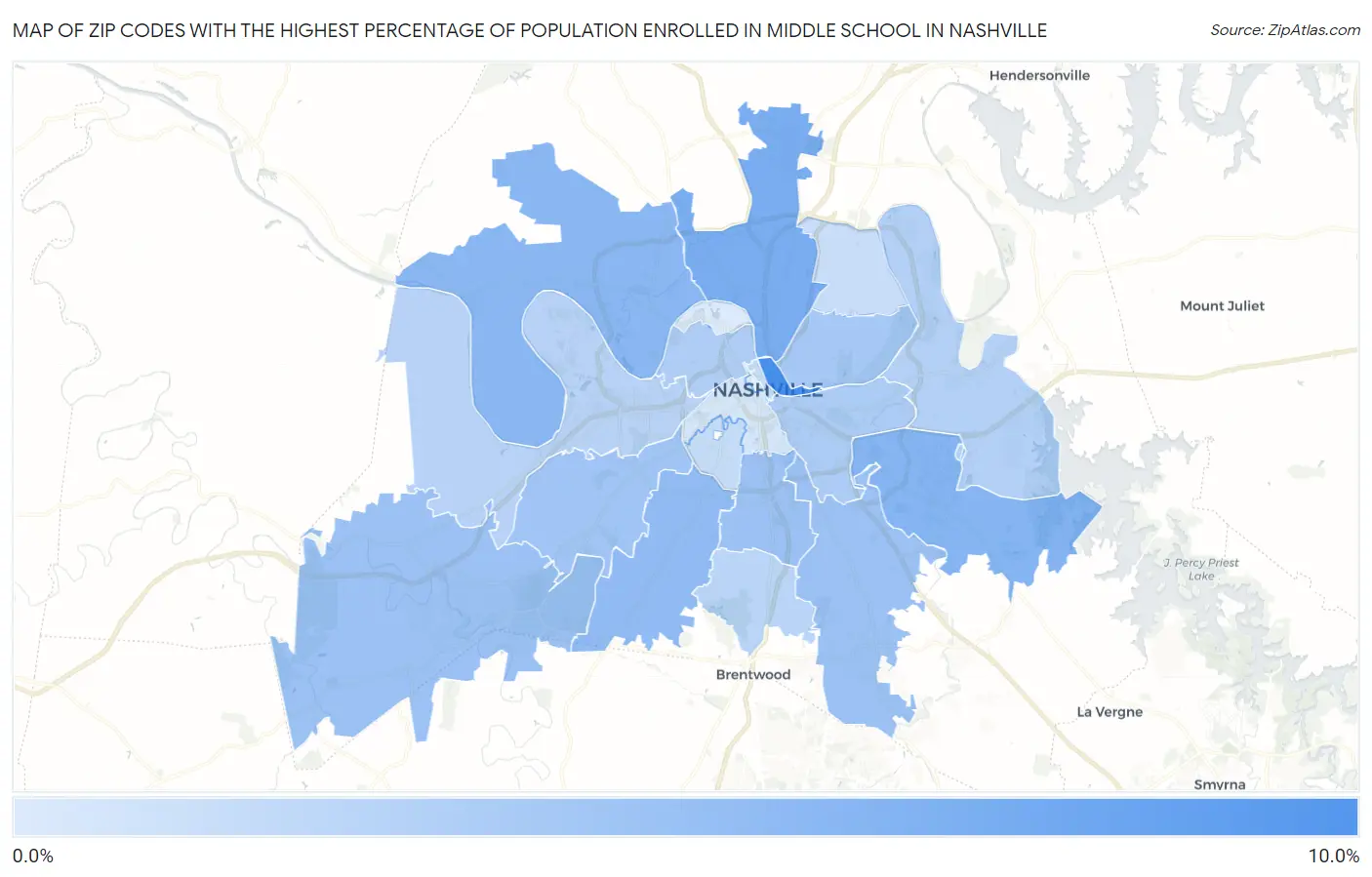 Zip Codes with the Highest Percentage of Population Enrolled in Middle School in Nashville Map