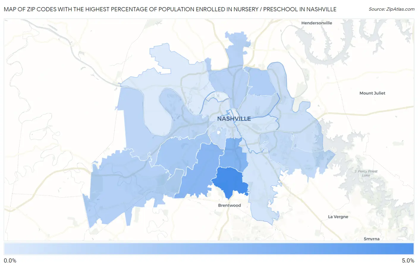 Zip Codes with the Highest Percentage of Population Enrolled in Nursery / Preschool in Nashville Map