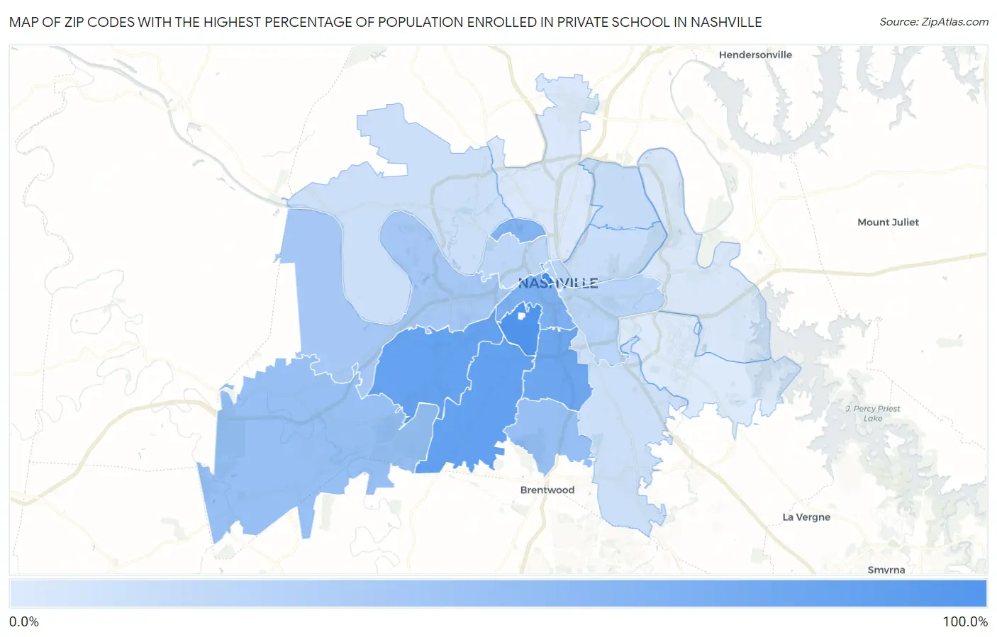 Zip Codes with the Highest Percentage of Population Enrolled in Private School in Nashville Map
