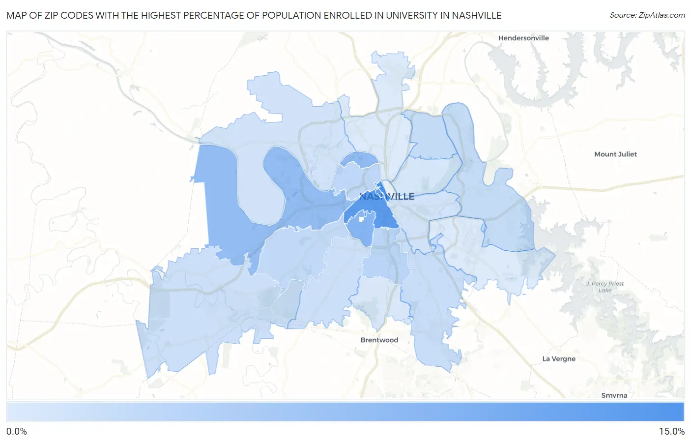 Zip Codes with the Highest Percentage of Population Enrolled in University in Nashville Map