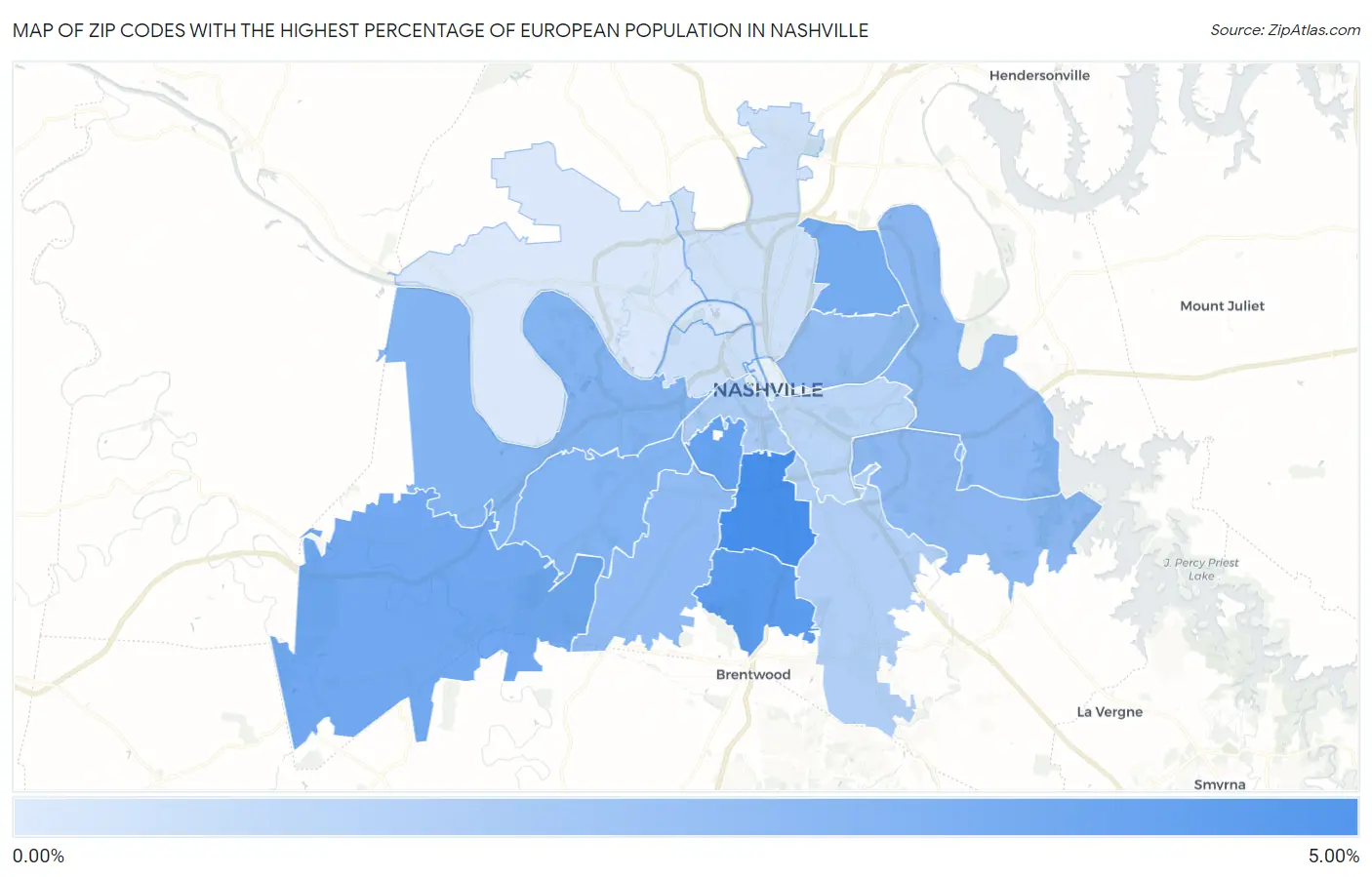 Zip Codes with the Highest Percentage of European Population in Nashville Map