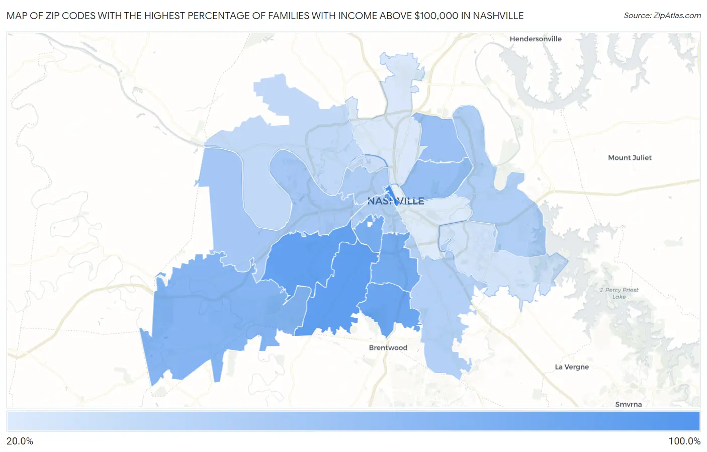 Zip Codes with the Highest Percentage of Families with Income Above $100,000 in Nashville Map