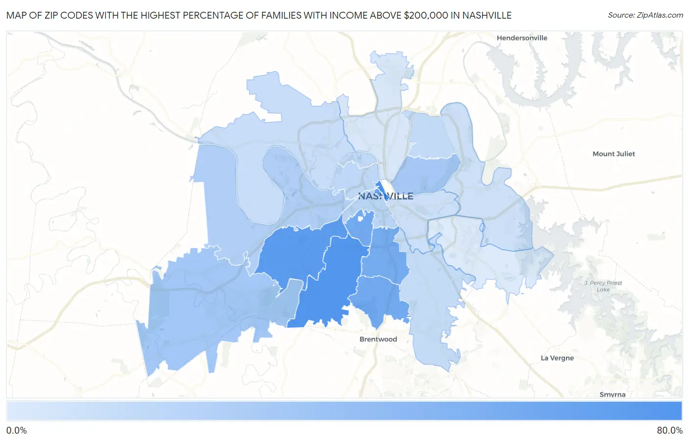 Zip Codes with the Highest Percentage of Families with Income Above $200,000 in Nashville Map