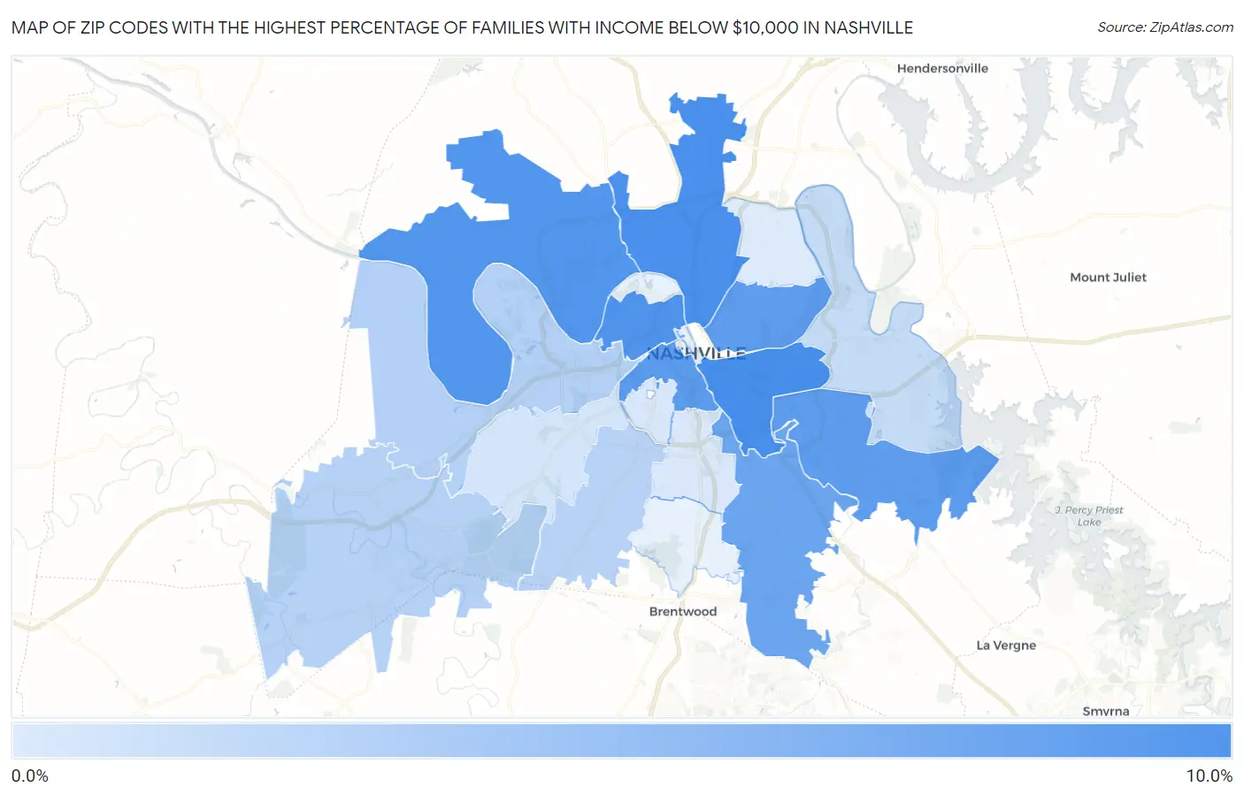 Zip Codes with the Highest Percentage of Families with Income Below $10,000 in Nashville Map