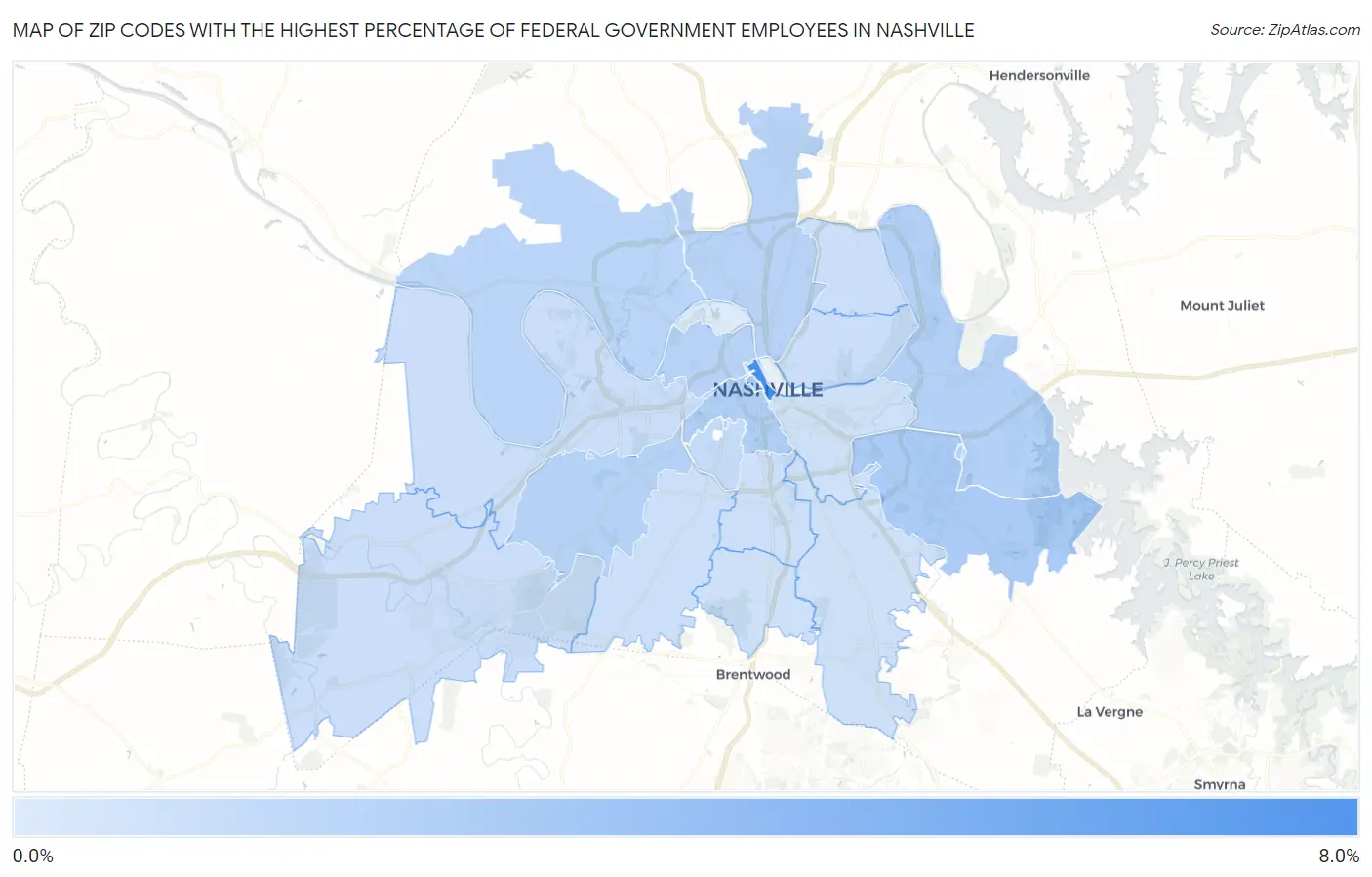 Zip Codes with the Highest Percentage of Federal Government Employees in Nashville Map