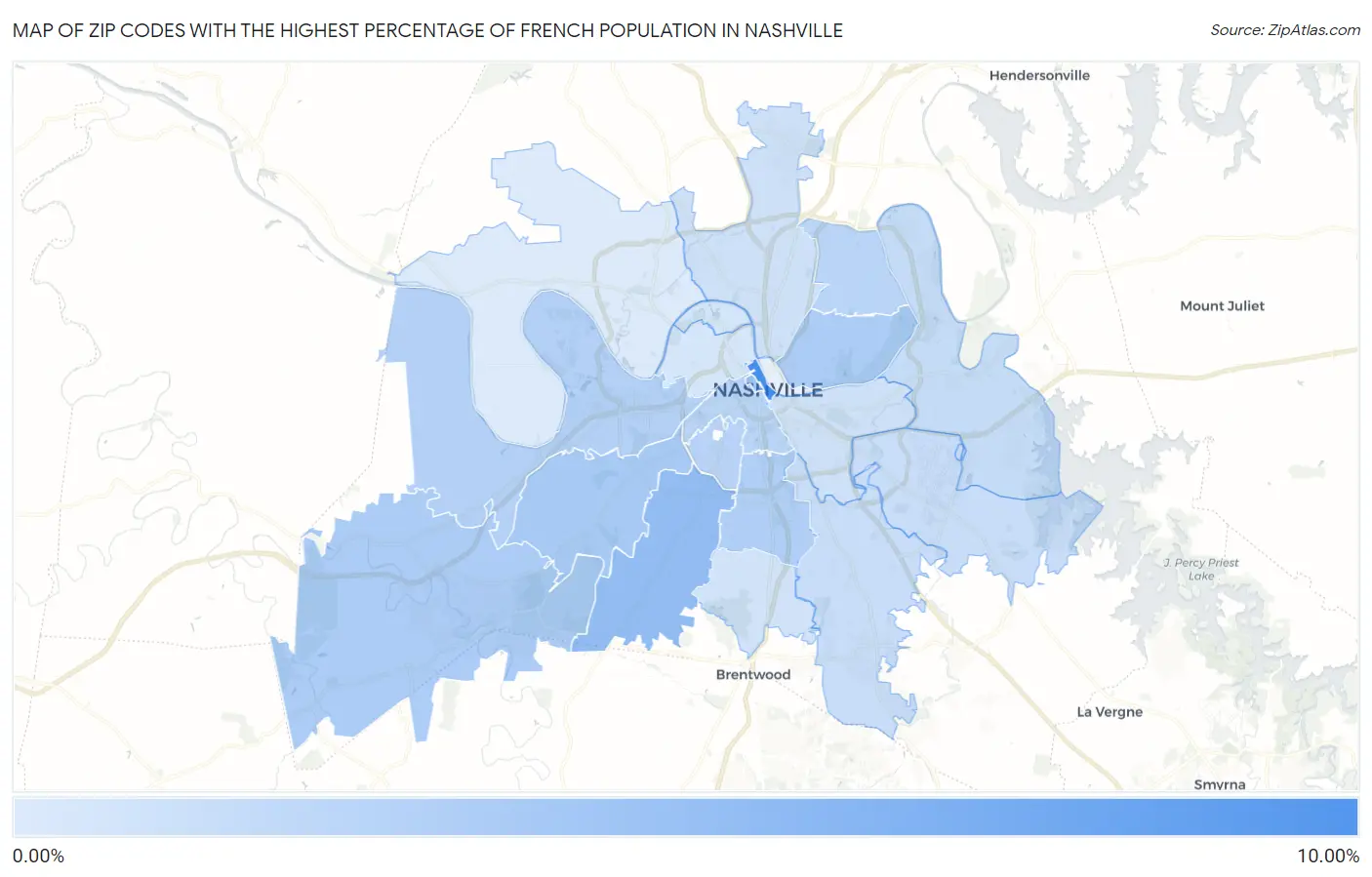 Zip Codes with the Highest Percentage of French Population in Nashville Map