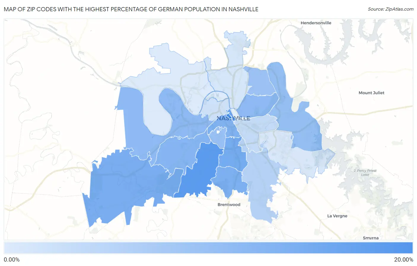 Zip Codes with the Highest Percentage of German Population in Nashville Map