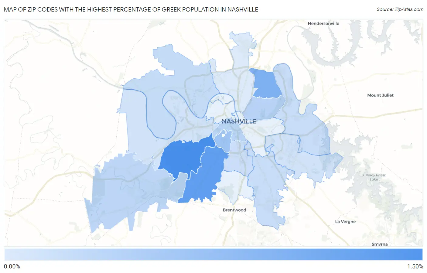 Zip Codes with the Highest Percentage of Greek Population in Nashville Map