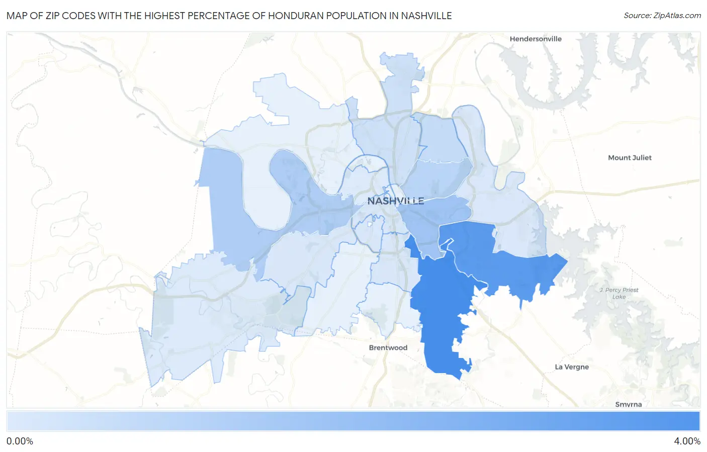Zip Codes with the Highest Percentage of Honduran Population in Nashville Map