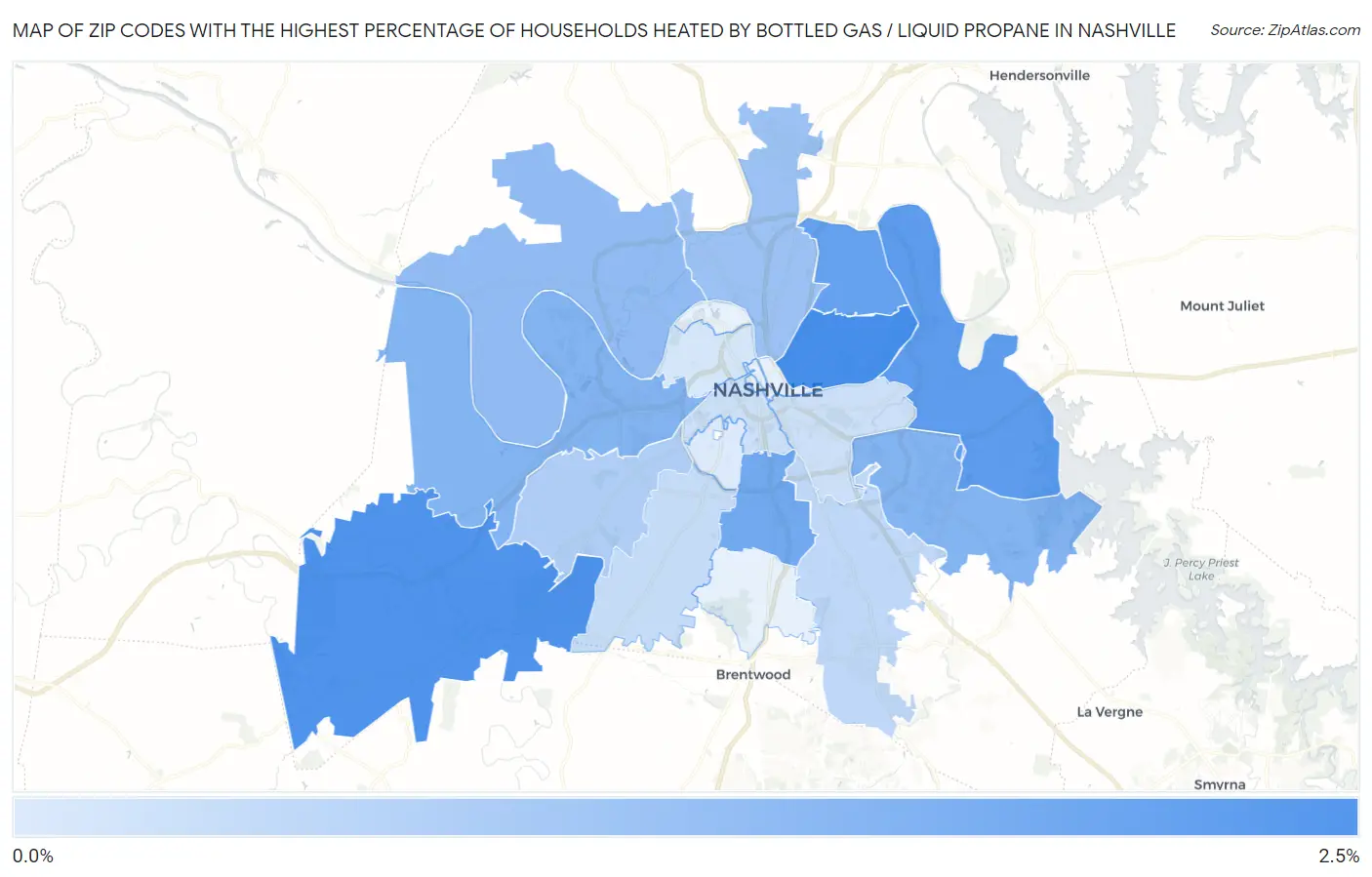 Zip Codes with the Highest Percentage of Households Heated by Bottled Gas / Liquid Propane in Nashville Map