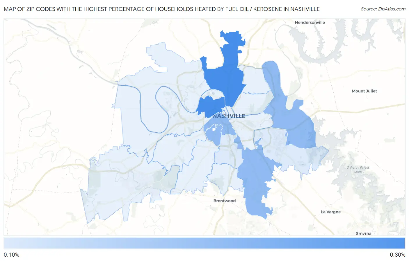 Zip Codes with the Highest Percentage of Households Heated by Fuel Oil / Kerosene in Nashville Map