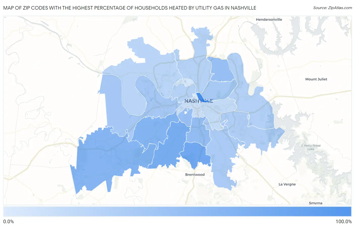 Zip Codes with the Highest Percentage of Households Heated by Utility Gas in Nashville Map