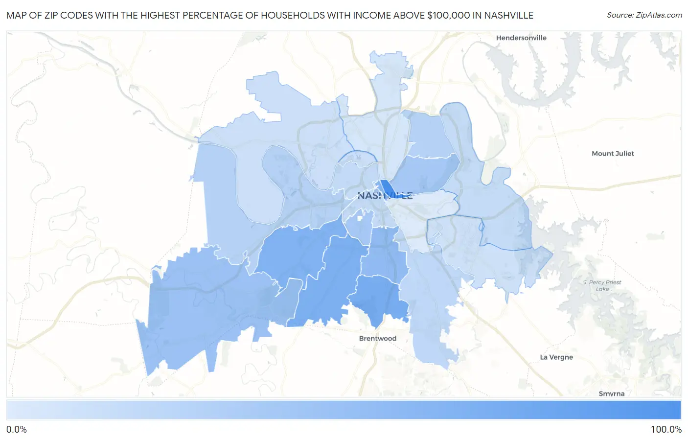 Zip Codes with the Highest Percentage of Households with Income Above $100,000 in Nashville Map