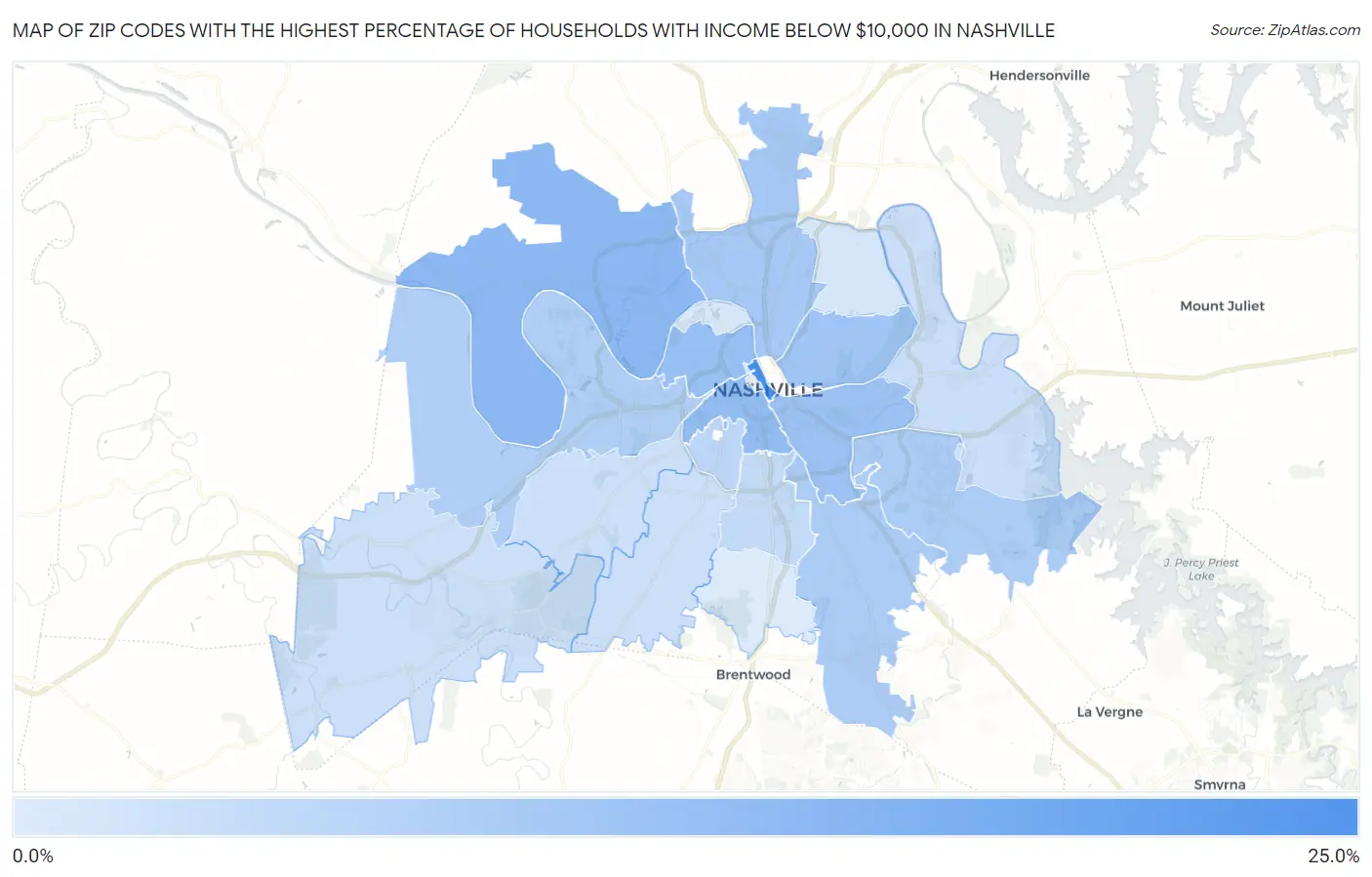 Zip Codes with the Highest Percentage of Households with Income Below $10,000 in Nashville Map