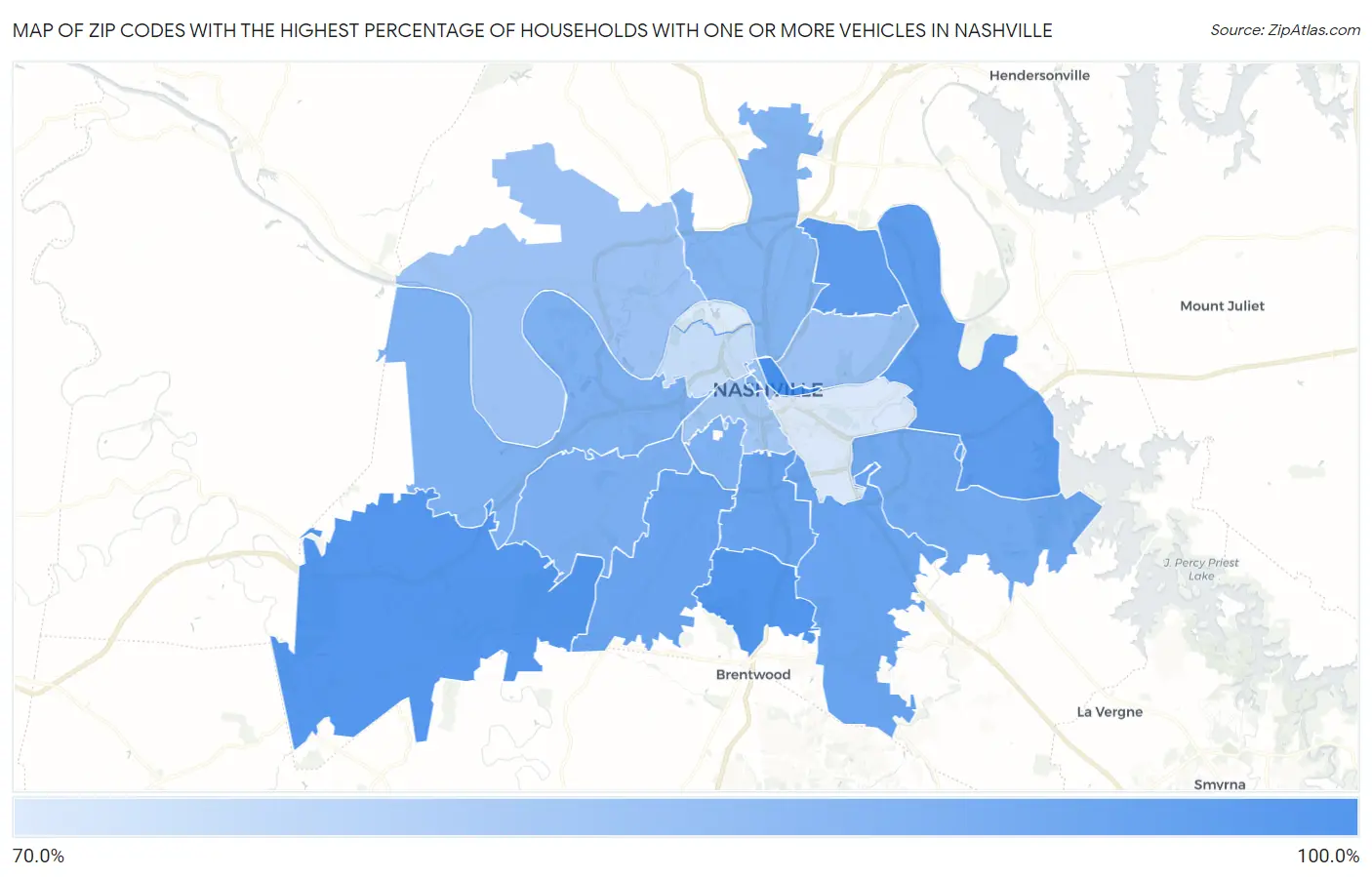 Zip Codes with the Highest Percentage of Households With One or more Vehicles in Nashville Map