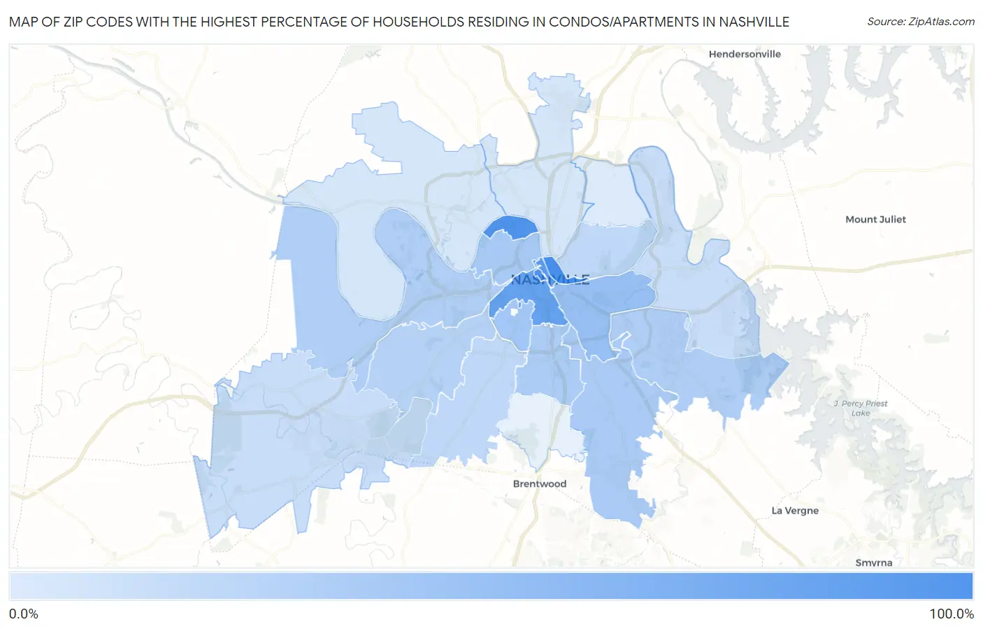 Zip Codes with the Highest Percentage of Households Residing in Condos/Apartments in Nashville Map