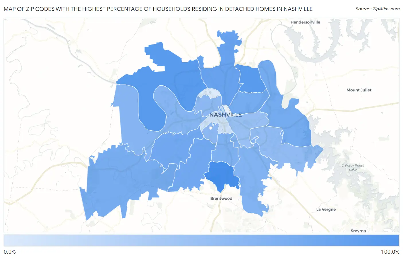 Zip Codes with the Highest Percentage of Households Residing in Detached Homes in Nashville Map