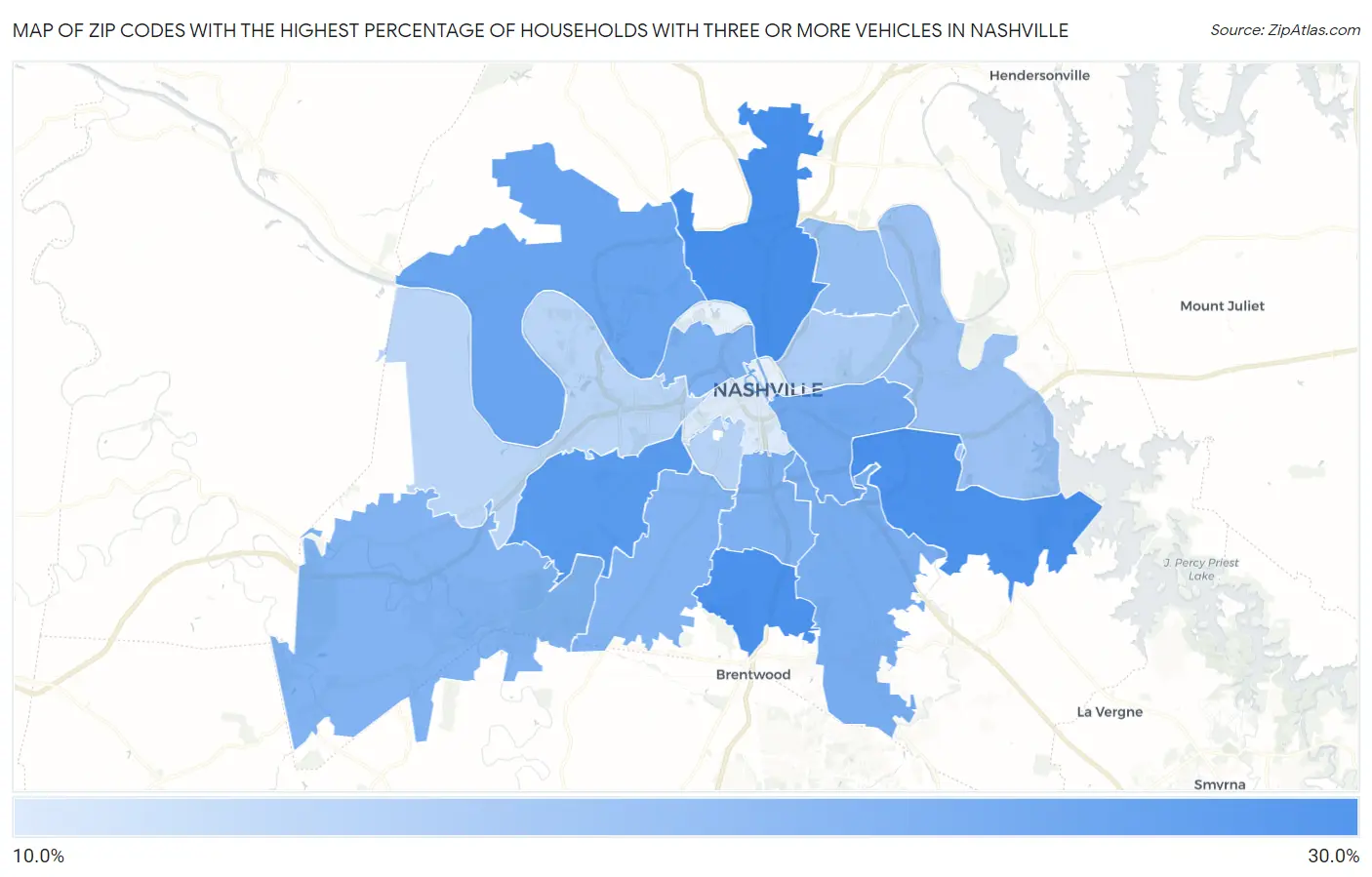 Zip Codes with the Highest Percentage of Households With Three or more Vehicles in Nashville Map