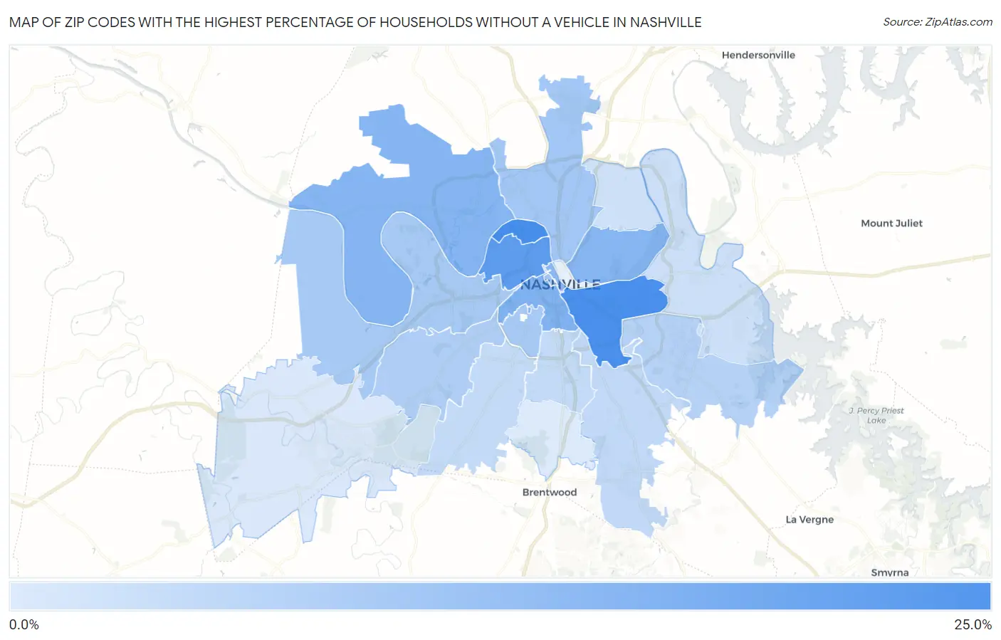 Zip Codes with the Highest Percentage of Households Without a Vehicle in Nashville Map