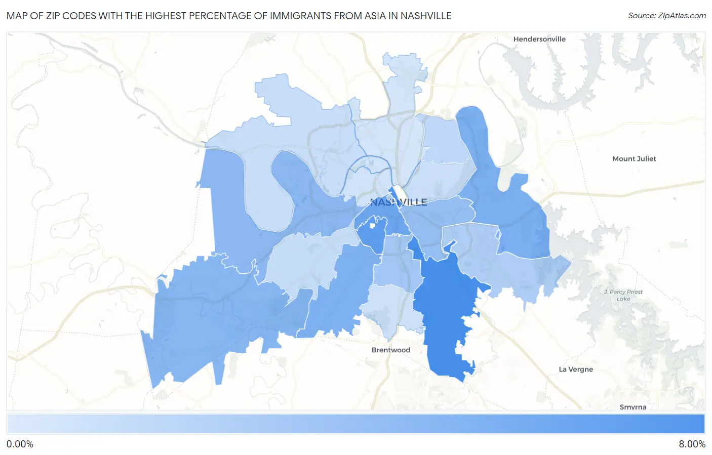 Zip Codes with the Highest Percentage of Immigrants from Asia in Nashville Map