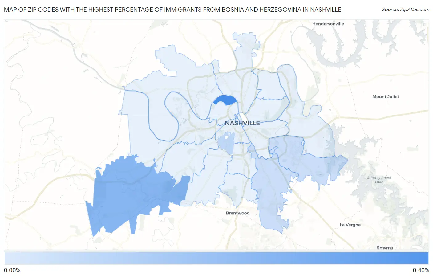 Zip Codes with the Highest Percentage of Immigrants from Bosnia and Herzegovina in Nashville Map