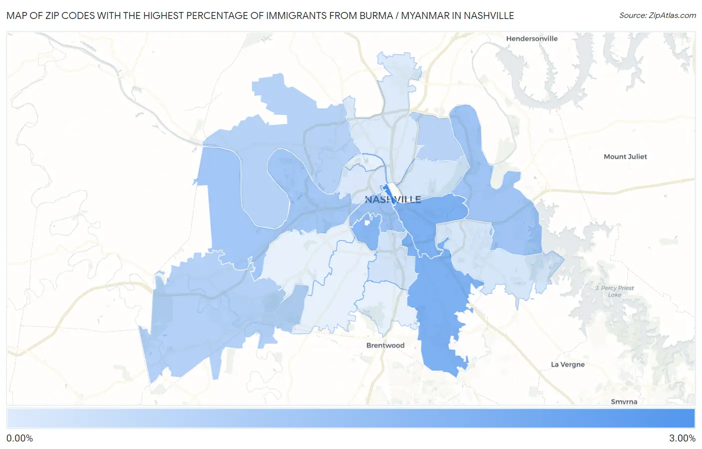 Zip Codes with the Highest Percentage of Immigrants from Burma / Myanmar in Nashville Map