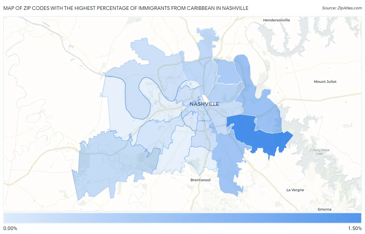 Zip Codes with the Highest Percentage of Immigrants from Caribbean in Nashville Map
