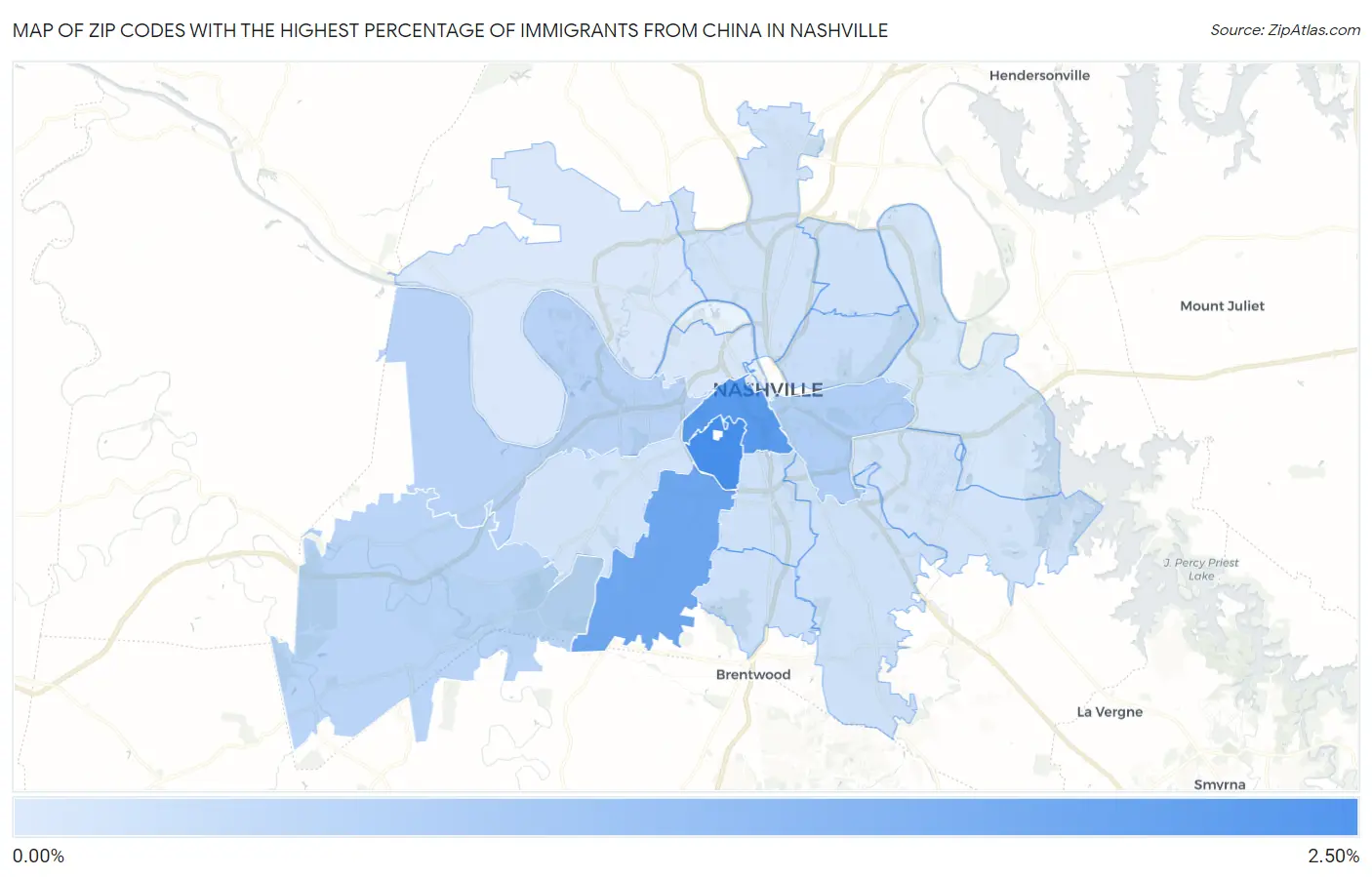 Zip Codes with the Highest Percentage of Immigrants from China in Nashville Map